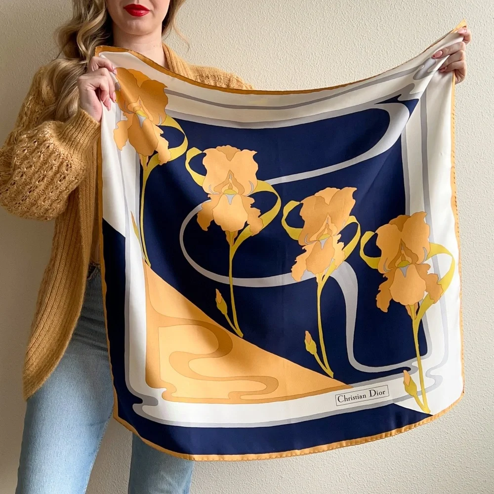 Vintage Christian Dior Silk Scarf With Orange Iris Print - Picture 2 of 10